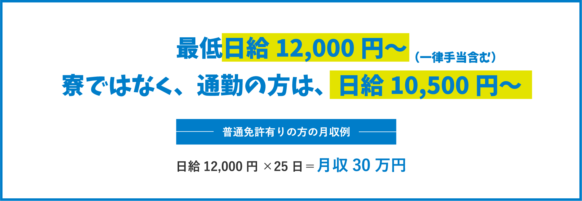 最低日給12,000円～寮ではなく、通勤の方は、日給11,500円～ / 普通免許有りの方の月収例(日給12,000円)×25日＝月収30万円